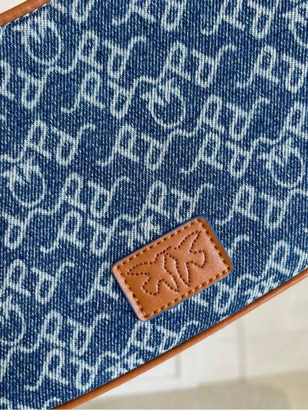 Pinko Blue Denim Logo Shoulder Bag with Brown Trim - Picture 5 of 9